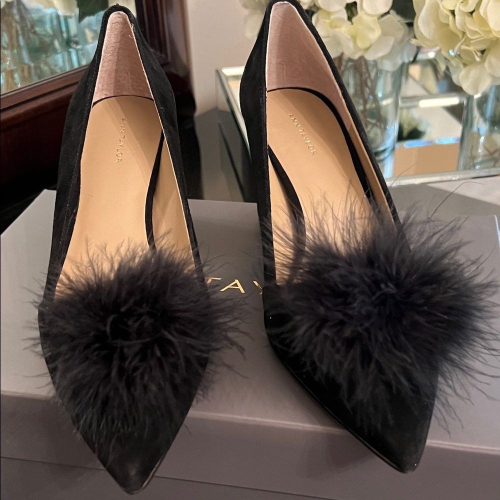 Ann Taylor Black Suede Heels with Feather Detail